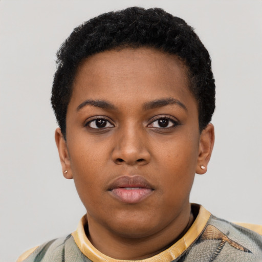 Neutral black young-adult female with short  black hair and brown eyes