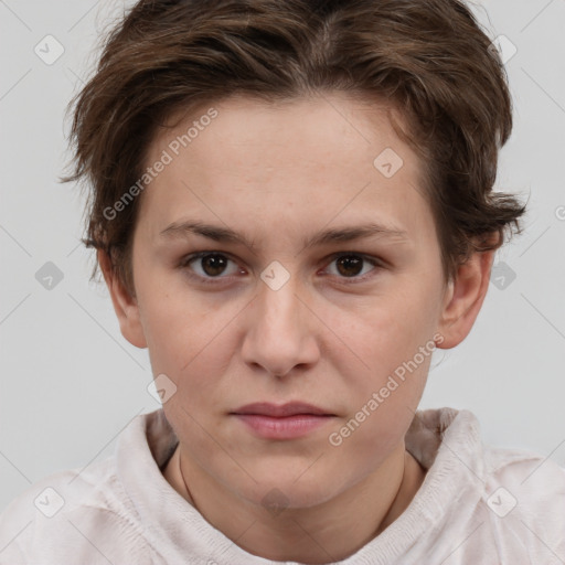 Neutral white young-adult female with short  brown hair and brown eyes