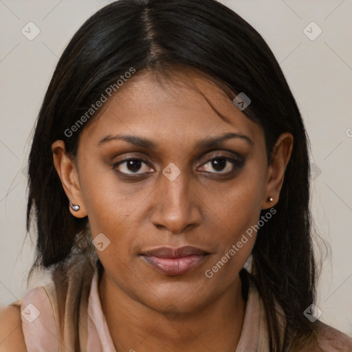 Neutral black young-adult female with medium  brown hair and brown eyes