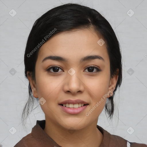 Joyful asian young-adult female with medium  black hair and brown eyes