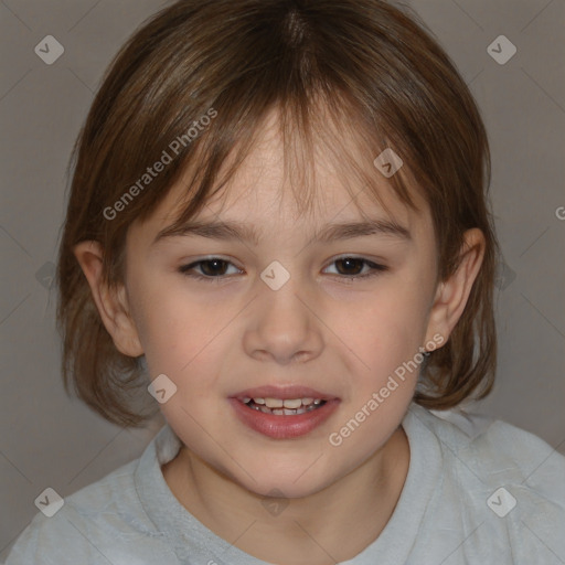 Joyful white child female with medium  brown hair and brown eyes