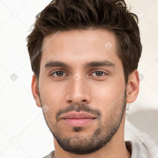 Neutral white young-adult male with short  brown hair and brown eyes