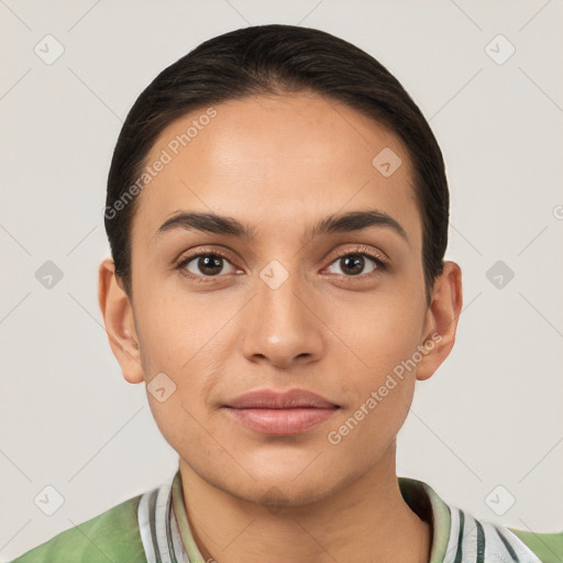 Joyful white young-adult female with short  brown hair and brown eyes