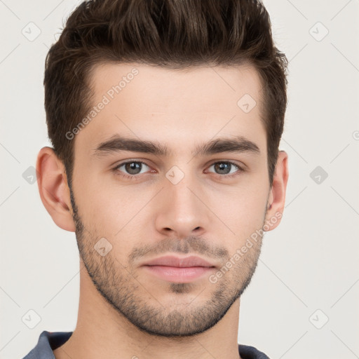 Neutral white young-adult male with short  brown hair and brown eyes