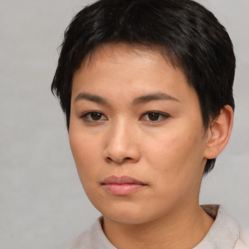Neutral asian young-adult female with short  brown hair and brown eyes