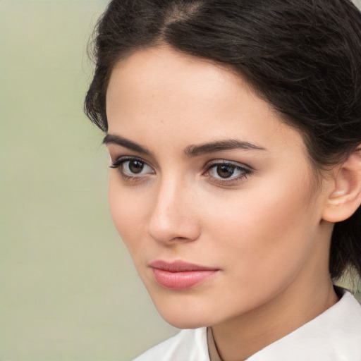 Neutral white young-adult female with medium  brown hair and brown eyes