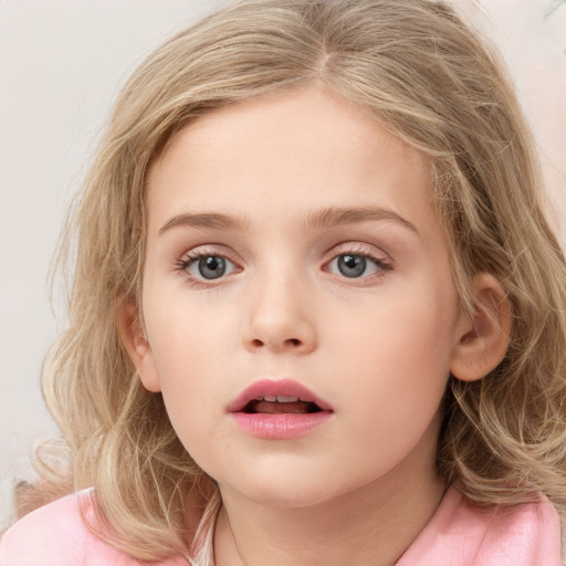 Neutral white child female with medium  brown hair and blue eyes