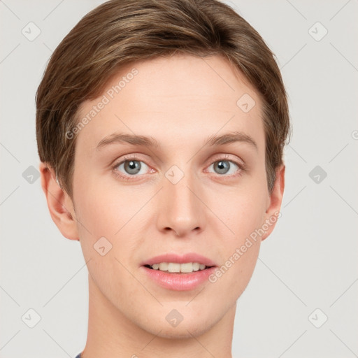 Joyful white young-adult female with short  brown hair and grey eyes