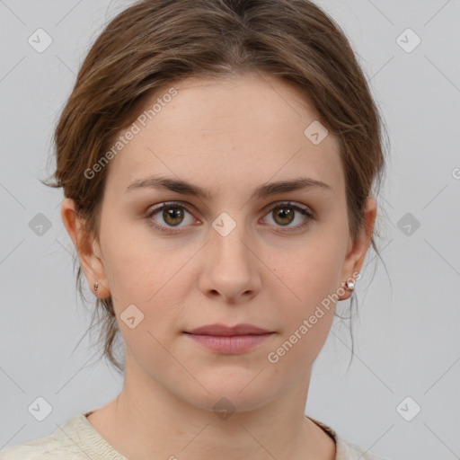 Joyful white young-adult female with medium  brown hair and green eyes