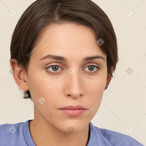 Neutral white young-adult female with short  brown hair and brown eyes