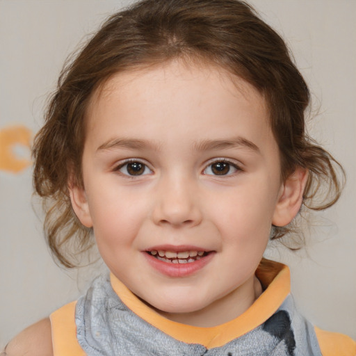 Joyful white child female with medium  brown hair and brown eyes