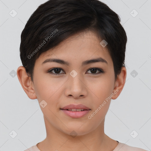 Joyful asian young-adult female with short  brown hair and brown eyes