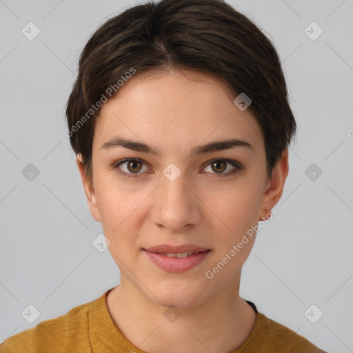 Joyful white young-adult female with short  brown hair and brown eyes