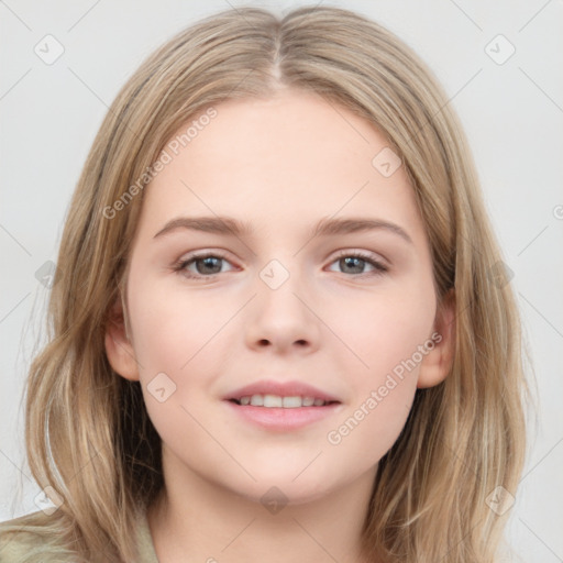 Neutral white young-adult female with medium  brown hair and grey eyes