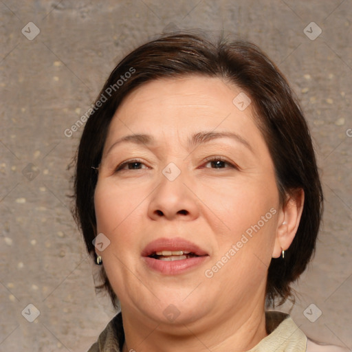 Joyful white adult female with medium  brown hair and brown eyes