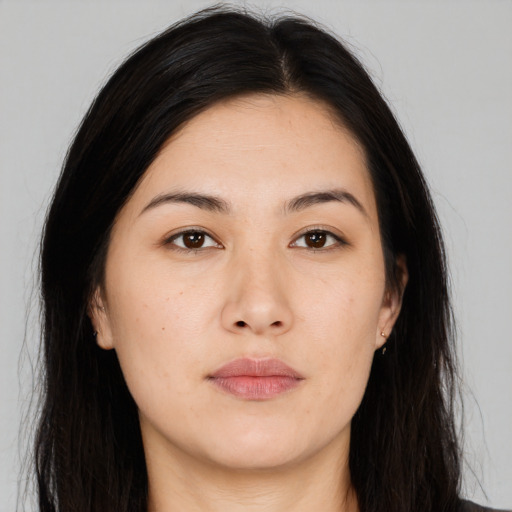 Neutral asian young-adult female with long  brown hair and brown eyes