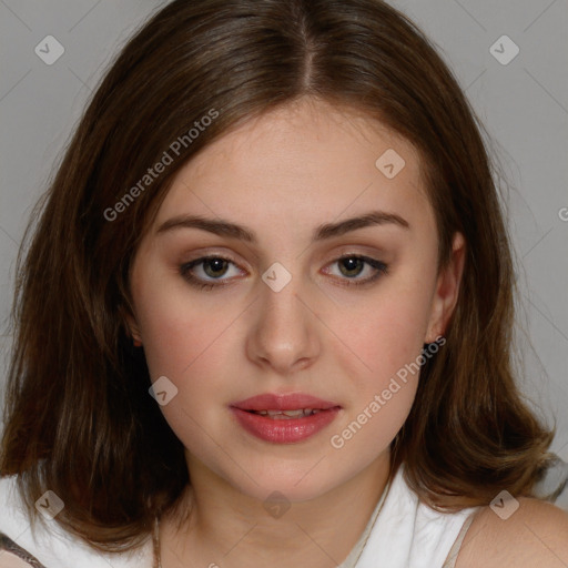 Neutral white young-adult female with medium  brown hair and brown eyes