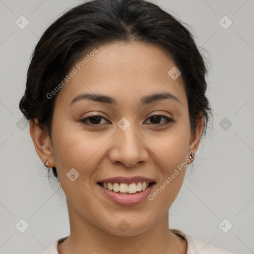 Joyful asian young-adult female with medium  brown hair and brown eyes