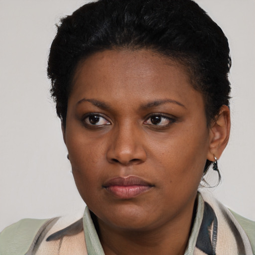 Neutral latino young-adult female with short  black hair and brown eyes