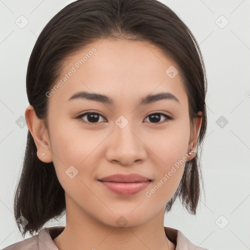 Joyful white young-adult female with medium  brown hair and brown eyes