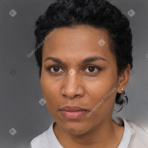 Neutral black adult female with short  black hair and brown eyes