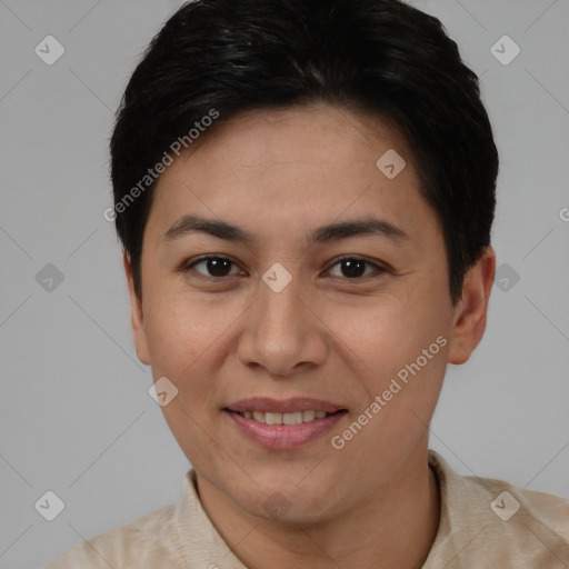 Joyful white young-adult female with short  brown hair and brown eyes