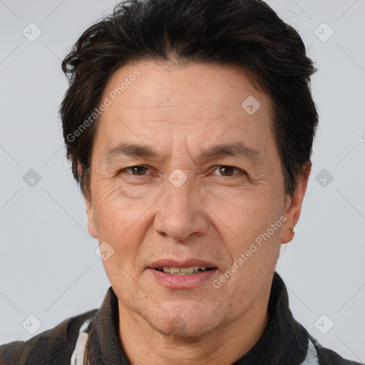 Joyful white middle-aged male with short  brown hair and brown eyes