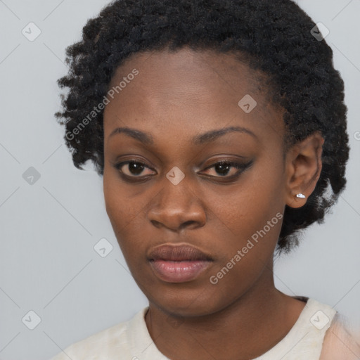 Neutral black young-adult female with short  black hair and brown eyes