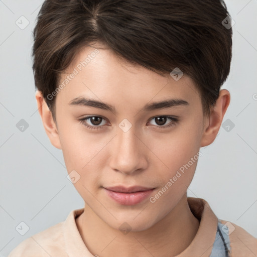 Neutral white young-adult female with short  brown hair and brown eyes