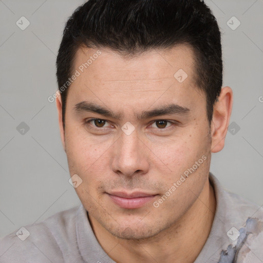 Neutral asian young-adult male with short  brown hair and brown eyes