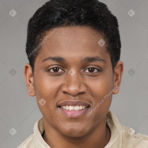 Joyful latino young-adult male with short  brown hair and brown eyes