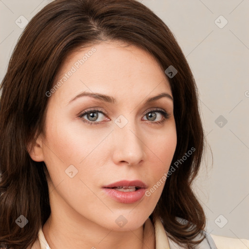 Neutral white young-adult female with medium  brown hair and green eyes