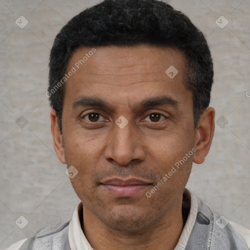 Neutral latino adult male with short  black hair and brown eyes