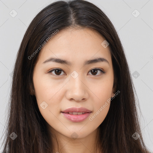 Joyful white young-adult female with long  brown hair and brown eyes