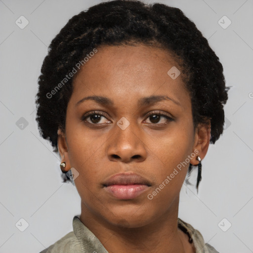 Neutral latino young-adult female with short  black hair and brown eyes