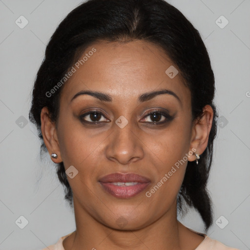 Joyful latino young-adult female with medium  brown hair and brown eyes