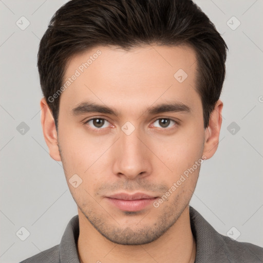 Neutral white young-adult male with short  brown hair and brown eyes