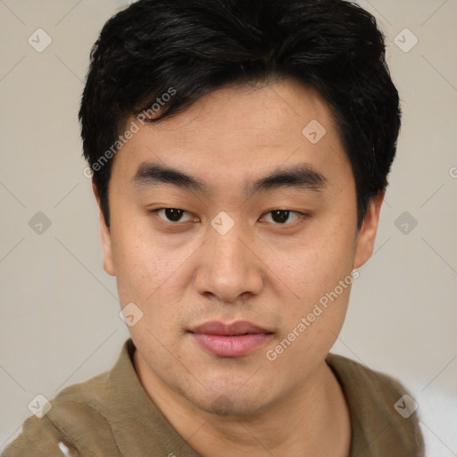 Neutral asian young-adult male with short  black hair and brown eyes