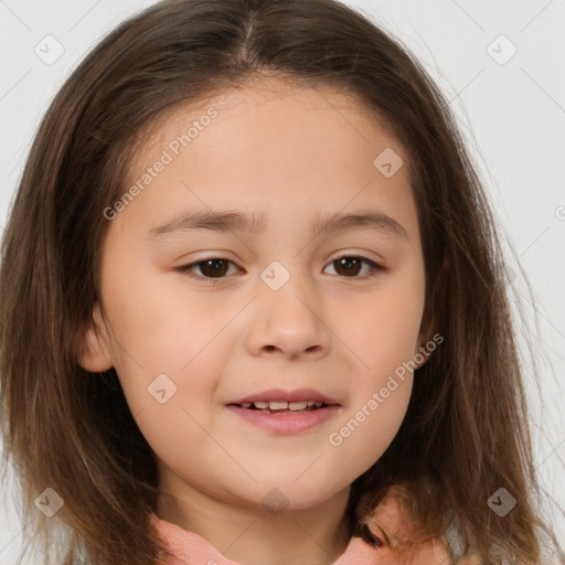 Joyful white child female with medium  brown hair and brown eyes