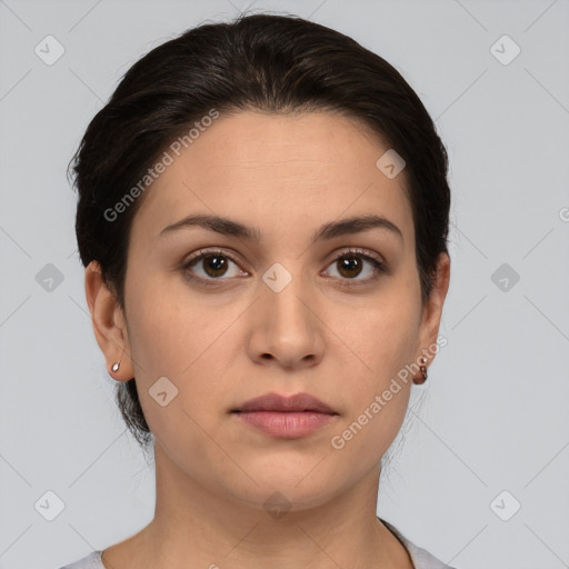 Neutral white young-adult female with short  brown hair and brown eyes