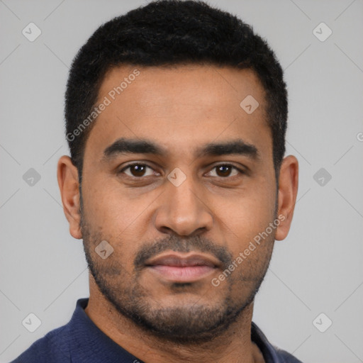 Neutral latino young-adult male with short  black hair and brown eyes