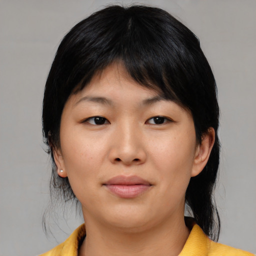 Neutral asian young-adult female with medium  black hair and brown eyes