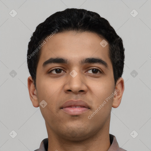 Neutral latino young-adult male with short  black hair and brown eyes