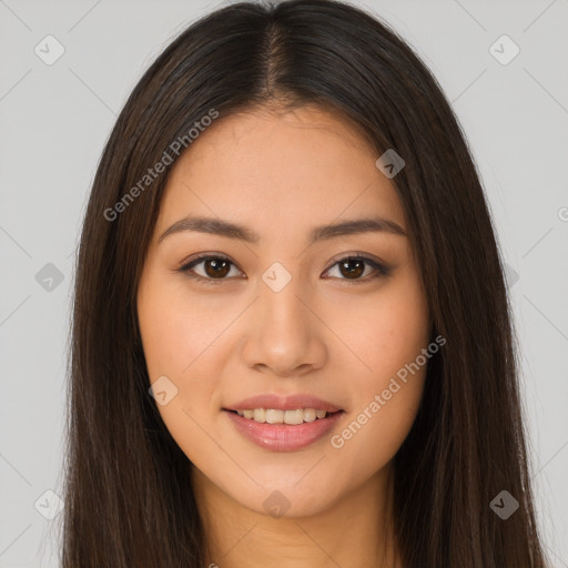 Joyful white young-adult female with long  brown hair and brown eyes