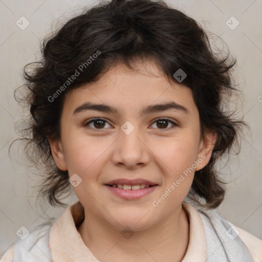 Joyful white child female with medium  brown hair and brown eyes