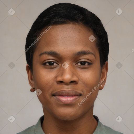 Joyful black young-adult female with short  black hair and brown eyes