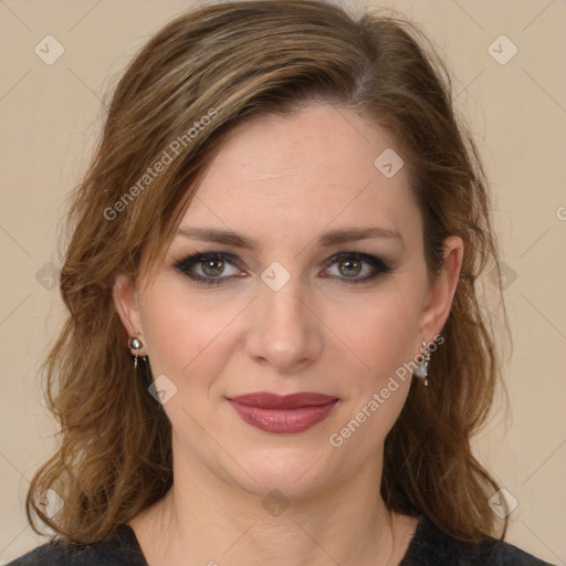 Joyful white young-adult female with medium  brown hair and green eyes