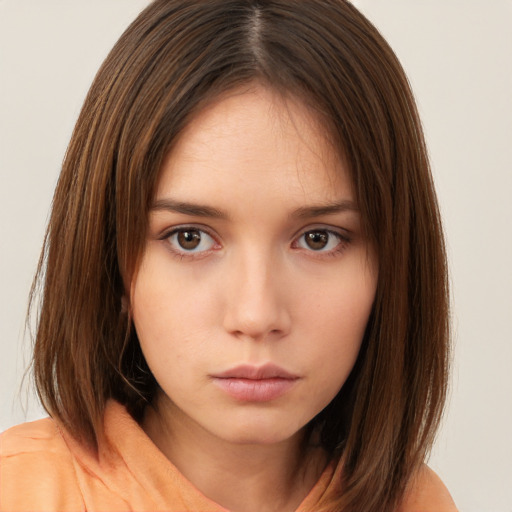 Neutral white young-adult female with medium  brown hair and brown eyes