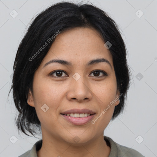 Joyful asian young-adult female with medium  brown hair and brown eyes