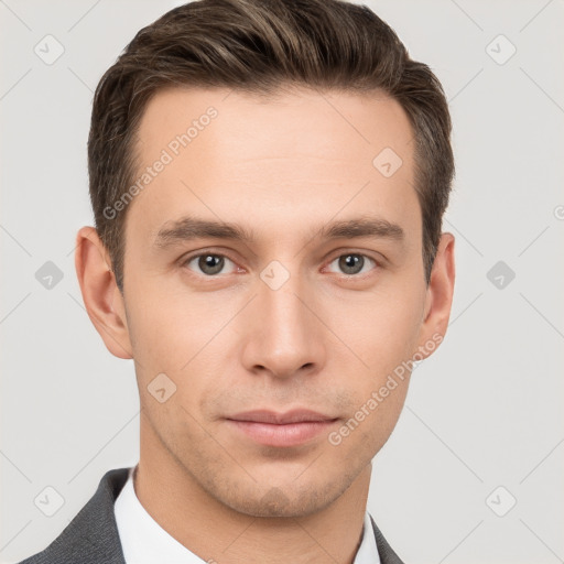 Neutral white young-adult male with short  brown hair and grey eyes